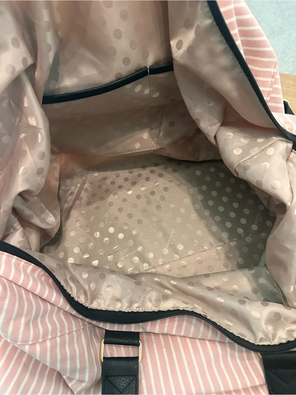 Madden Girl Pink Stripe and Black Trim Duffel Bag